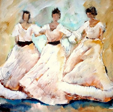 Dansende vrouwen geschilderd door Loes Loe-sei Beks